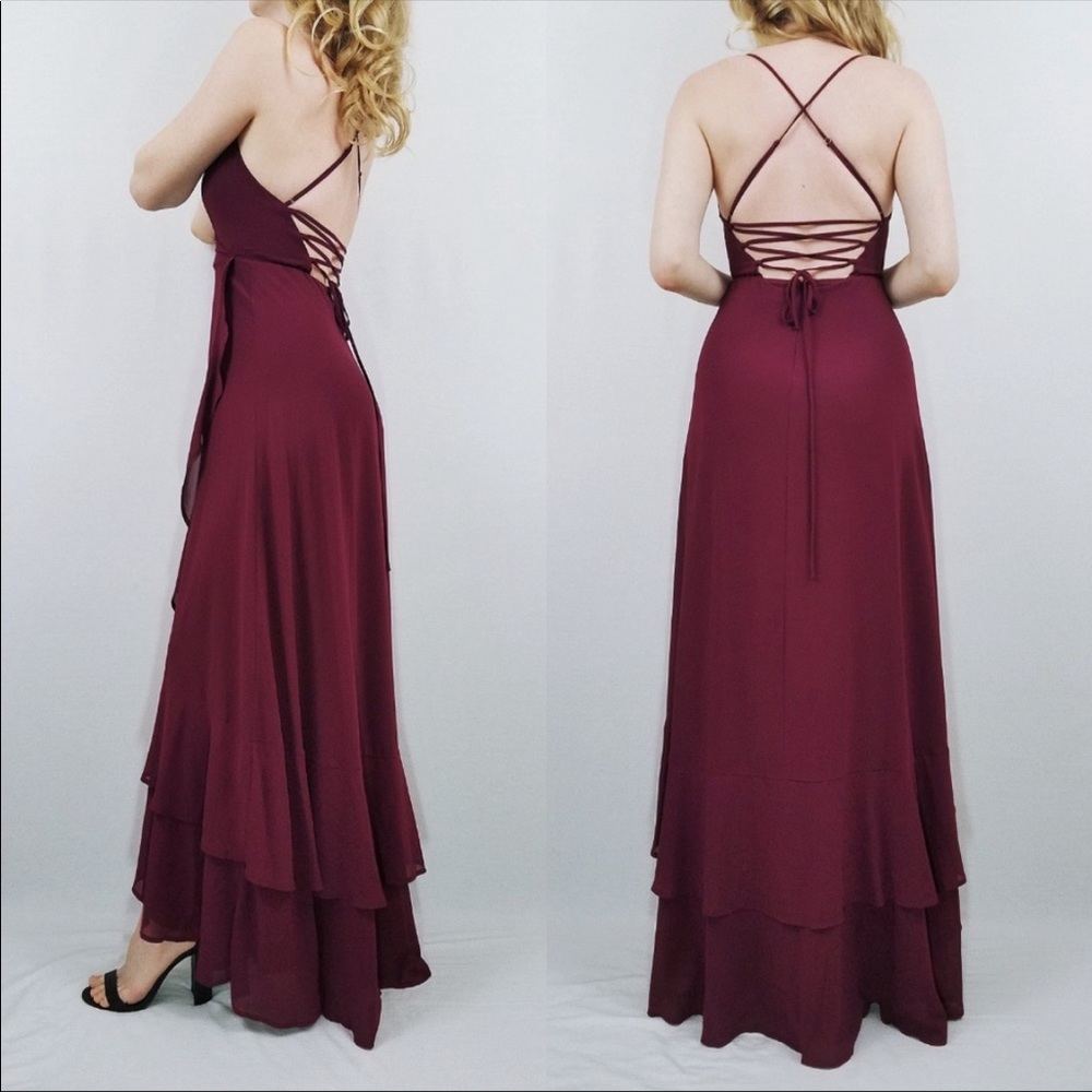 In Love Forever Burgundy Lace-Up Maxi Lulus Dress - Picture 4 of 5
